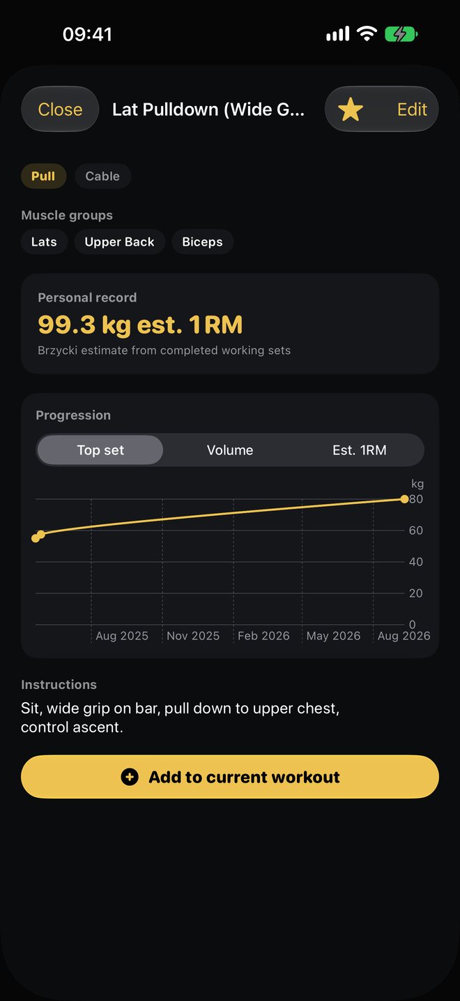 Exercise detail for Lat Pulldown: a personal record of 99.3 kilograms estimated 1RM and a rising progression chart.