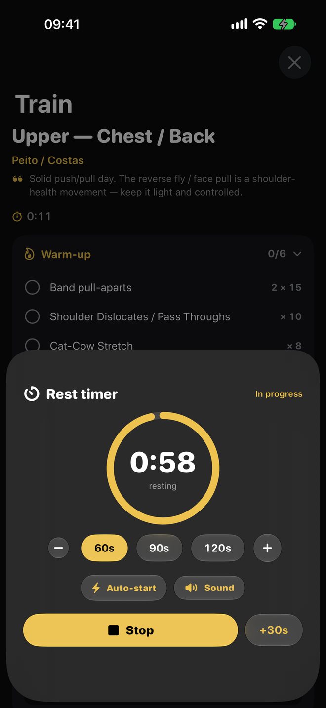 The rest timer counting down from 58 seconds, with 60, 90 and 120 second presets, auto-start and sound toggles.