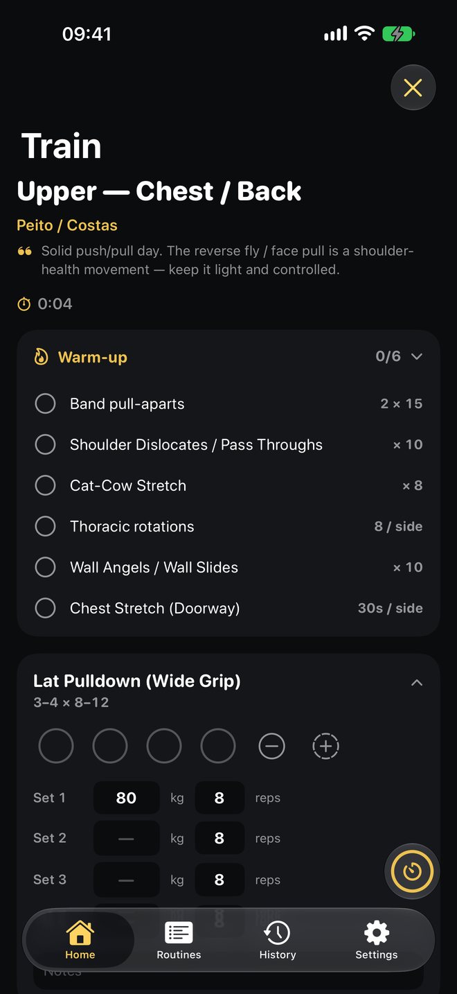 The Train screen mid-session: a warm-up checklist above Lat Pulldown, with tap circles and weight and reps for each set.