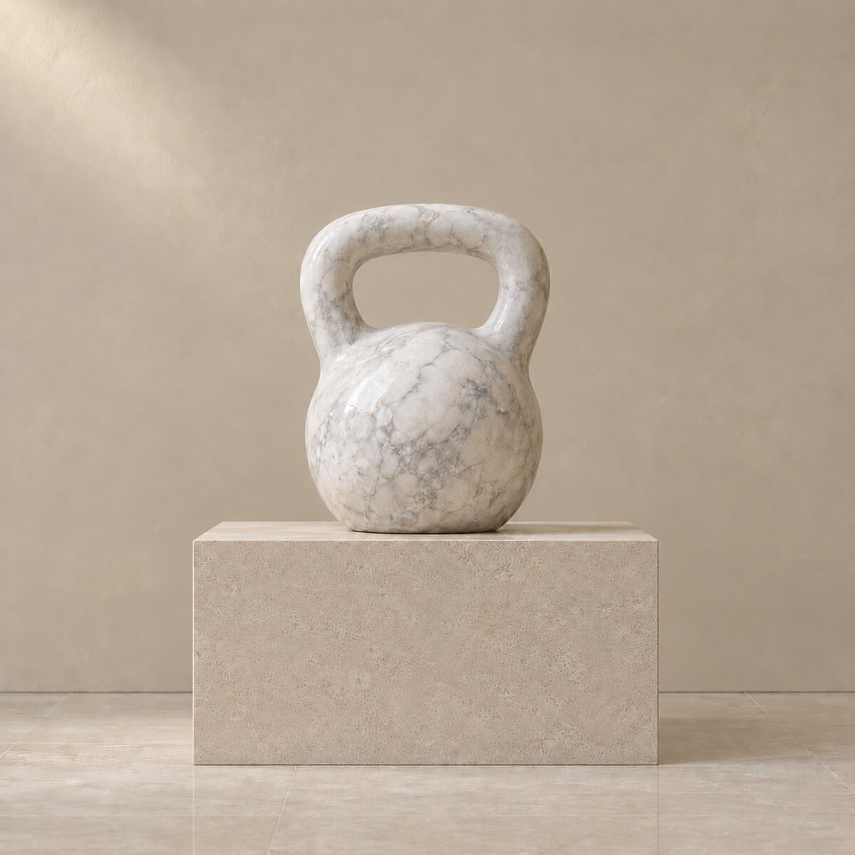 A marble kettlebell displayed on a limestone plinth.