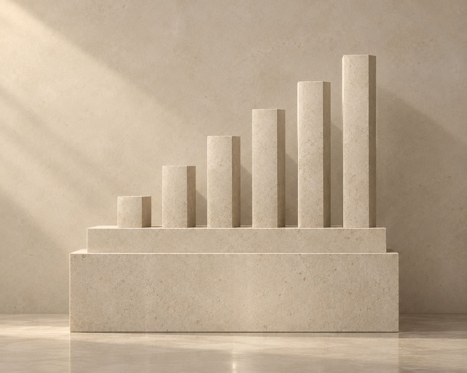 Six stone columns rising in height like a bar chart, on a long plinth.