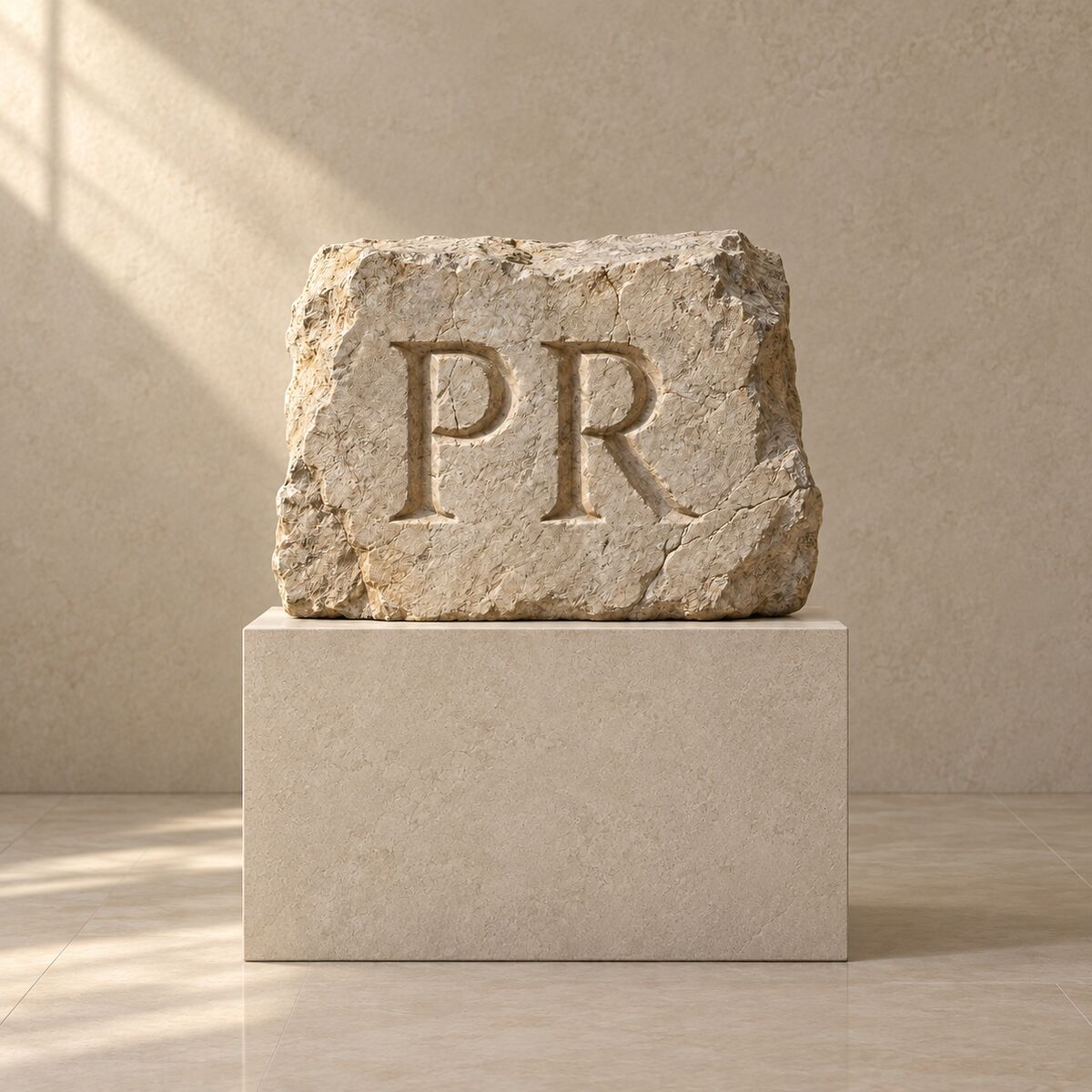 A rough-cut stone block engraved with the letters PR, on a plinth.