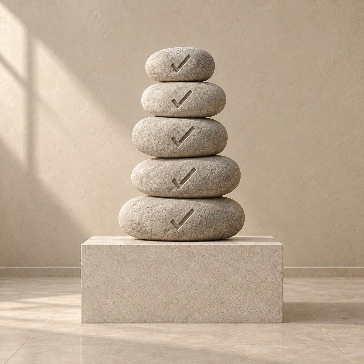 A stack of five stone discs, each carved with a check mark, on a plinth.